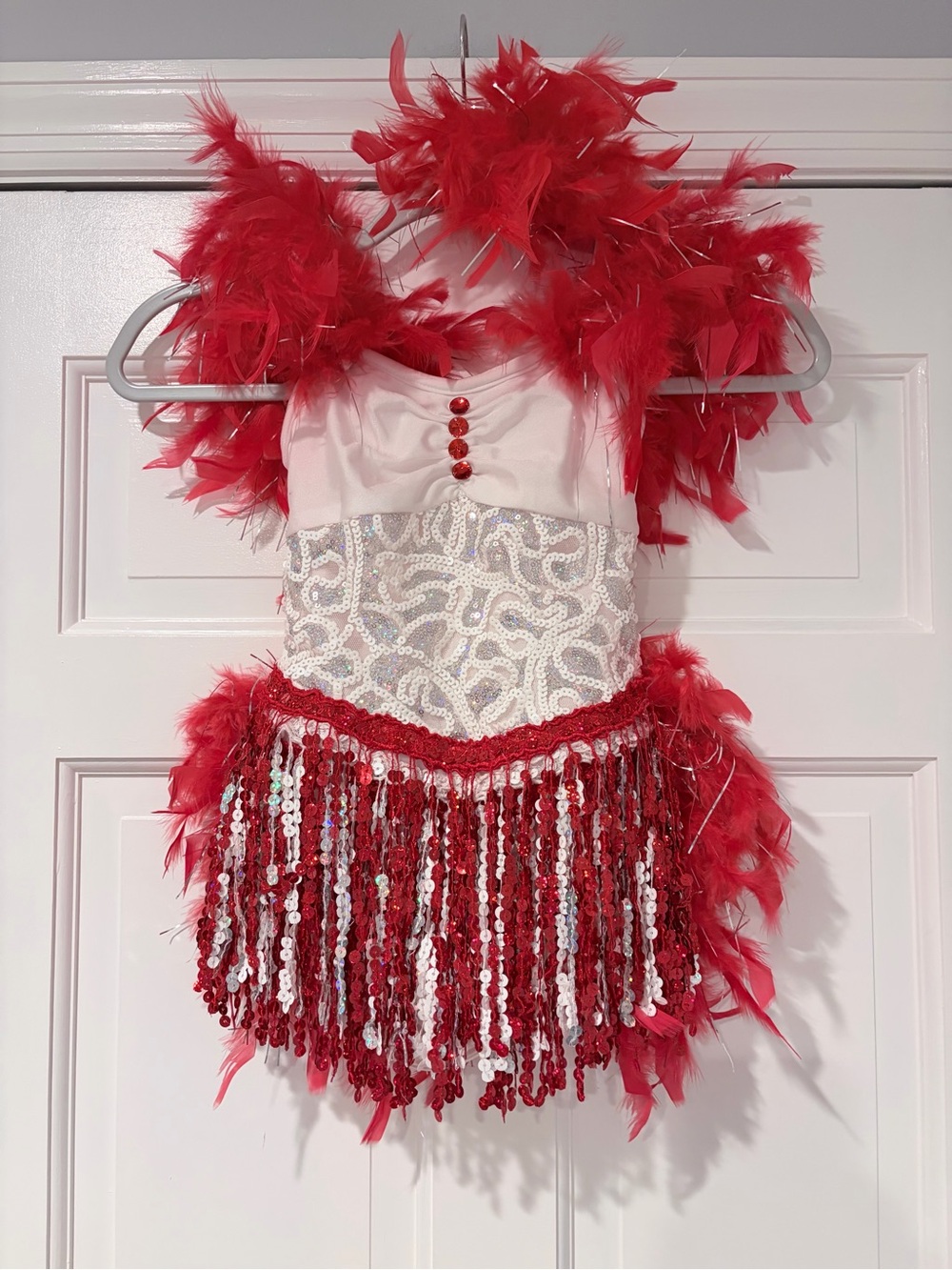 Red White Sequin Fringe Feather Dance Costume Child Small